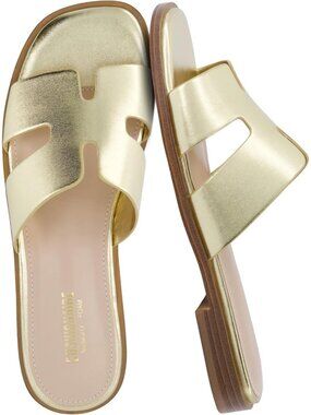 Women's Gold Memory Foam Vegan Leather Cutout Strap Slides Slip On Flat Shoes